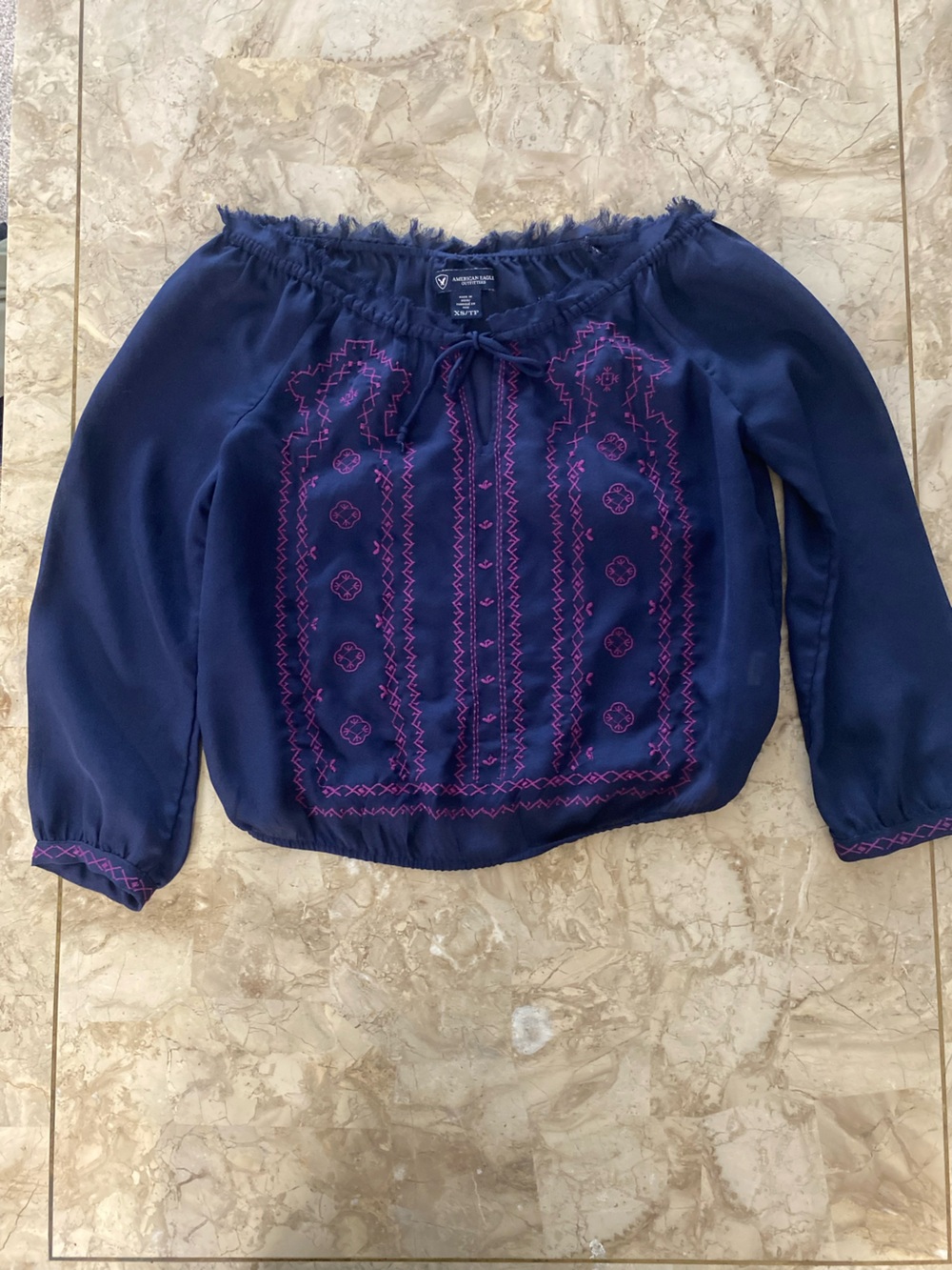 American Eagle Outfitters Navy Blue Peasant Blouse with Pink Embroidery